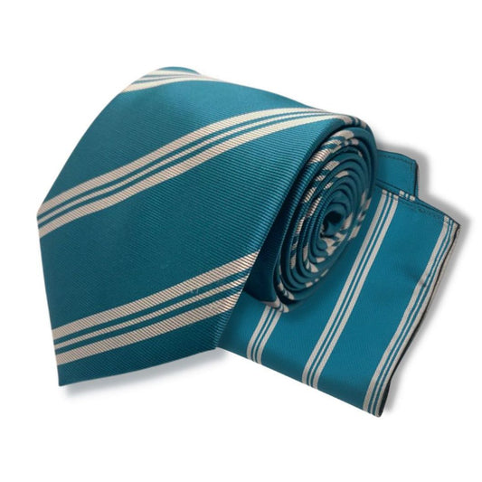 TEAL SILVER STRIPE TIE AND POCKET SQUARE