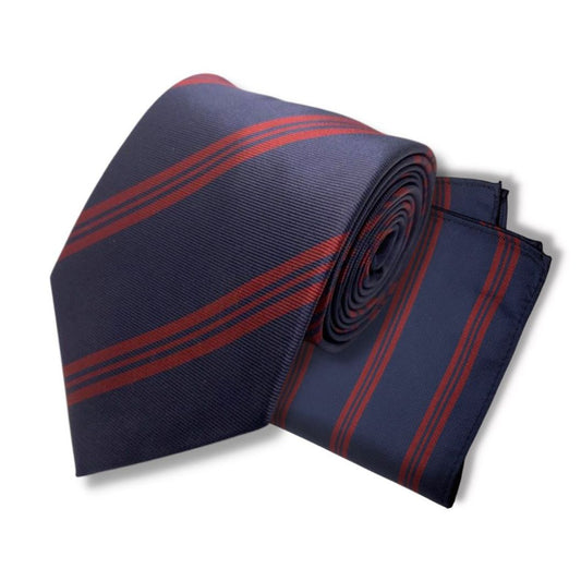 NAVY RED STRIPE TIE AND POCKET SQUARE