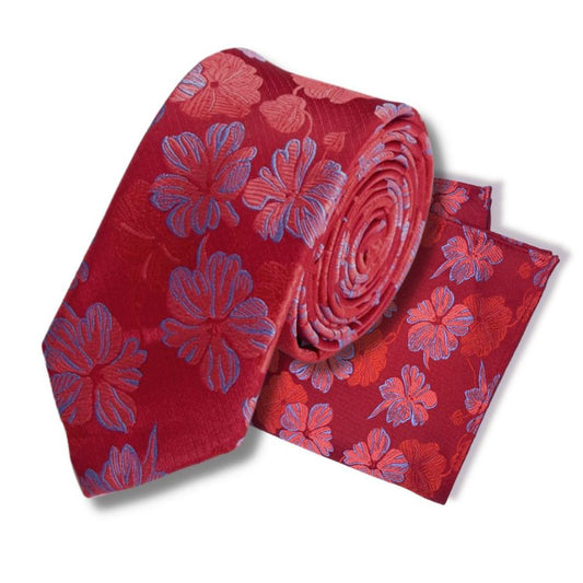 RED FLOWER TIE AND POCKET SQUARE