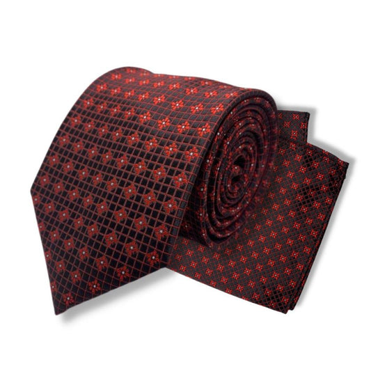 RED FLOWER WEAVE TIE AND POCKET SQUARE