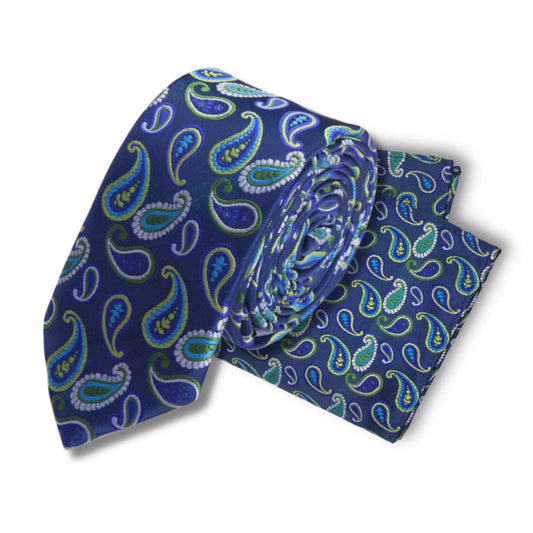 BLUE GREEN PAISLEY TIE AND POCKET SQUARE