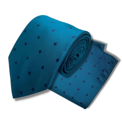 TEAL BLACK DOTTED TIE AND POCKET SQUARE