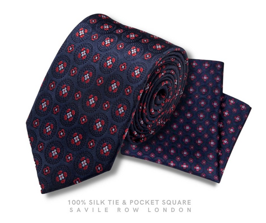 NAVY RED SMALL FLORAL SILK TIE & POCKET SQUARE