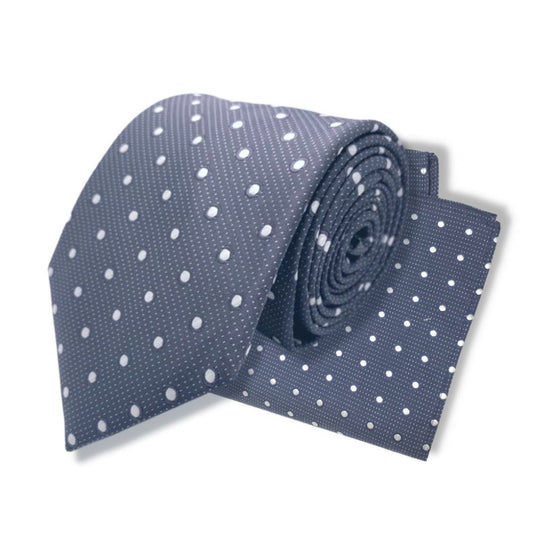 DARK GREY SILVER DOTTED TIE AND POCKET SQUARE