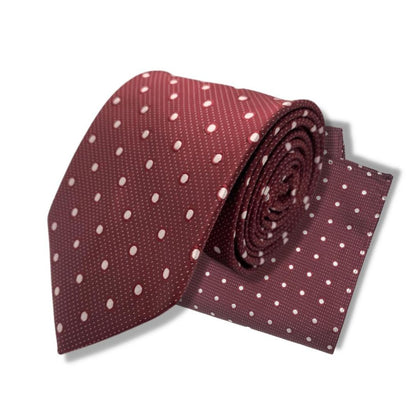 MAROON SILVER DOTTED TIE AND POCKET SQUARE