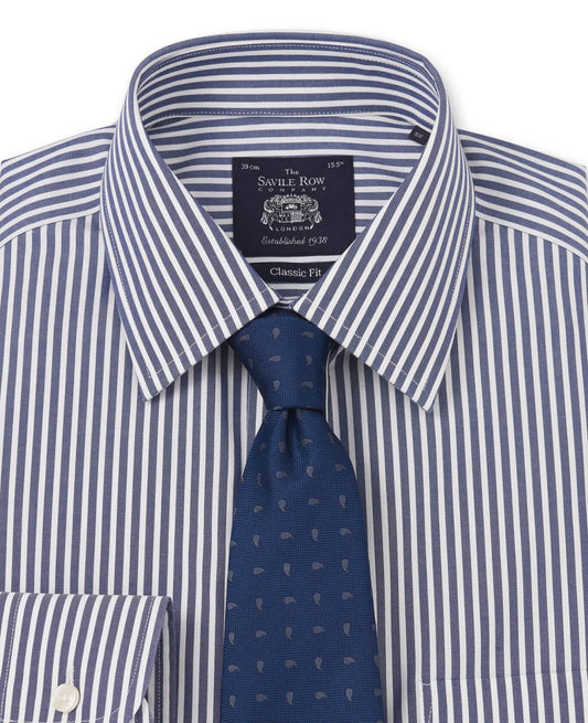 NON-IRON NAVY WHITE BENGAL STRIPE CLASSIC FIT SHIRT- DOUBLE CUFF