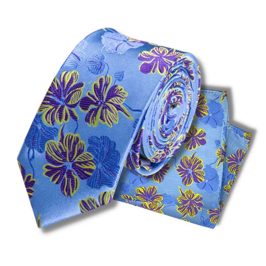 SKY PURPLE LIME FLOWER TIE AND POCKET SQUARE