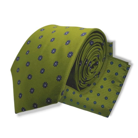 GREEN NAVY SMALL FLOWER TIE AND POCKET SQUARE