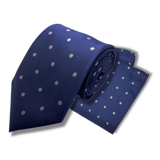 BLUE SILVER DOTTED TIE AND POCKET SQUARE