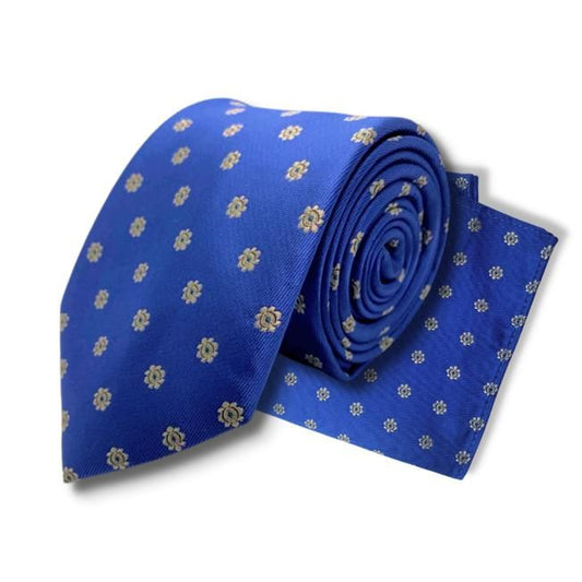 BLUE SILVER SMALL FLOWER TIE AND POCKET SQUARE
