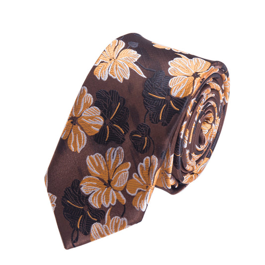 BROWN GOLD FLOWER TIE AND POCKET SQUARE