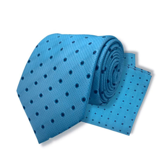 LIGHT BLUE NAVY DOTTED TIE AND POCKET SQUARE