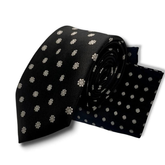 BLACK SILVER SMALL FLOWER TIE AND POCKET SQUARE