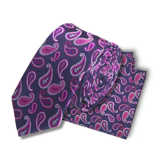 PINK BLACK PAISLEY TIE AND POCKET SQUARE