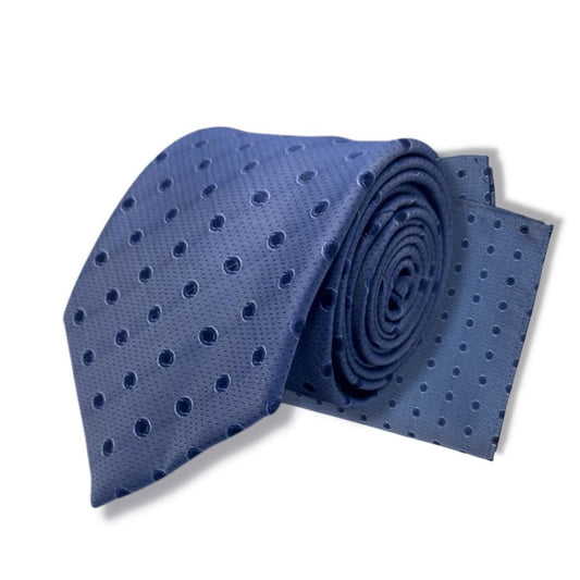 STEEL BLUE NAVY DOTTED TIE AND POCKET SQUARE