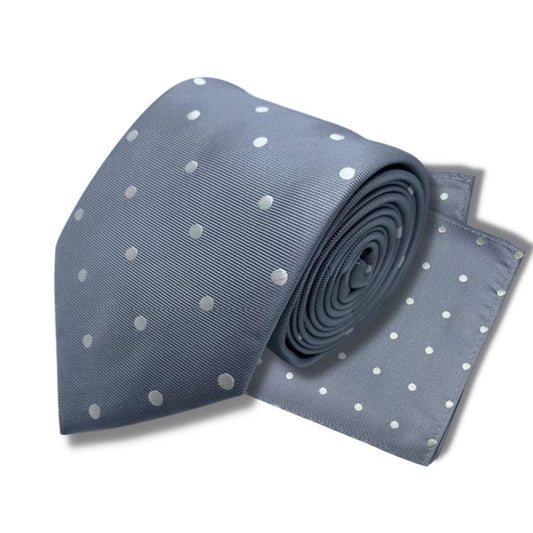 GREY SILVER DOTTED TIE AND POCKET SQUARE