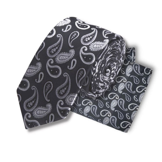 BLACK SILVER PAISLEY TIE AND POCKET SQUARE