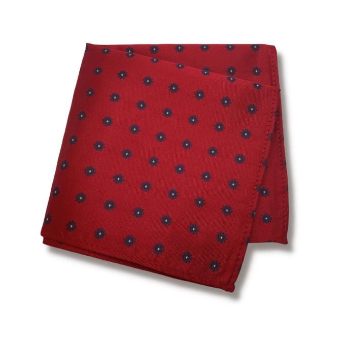 RED NAVY SMALL FLOWER TIE AND POCKET SQUARE
