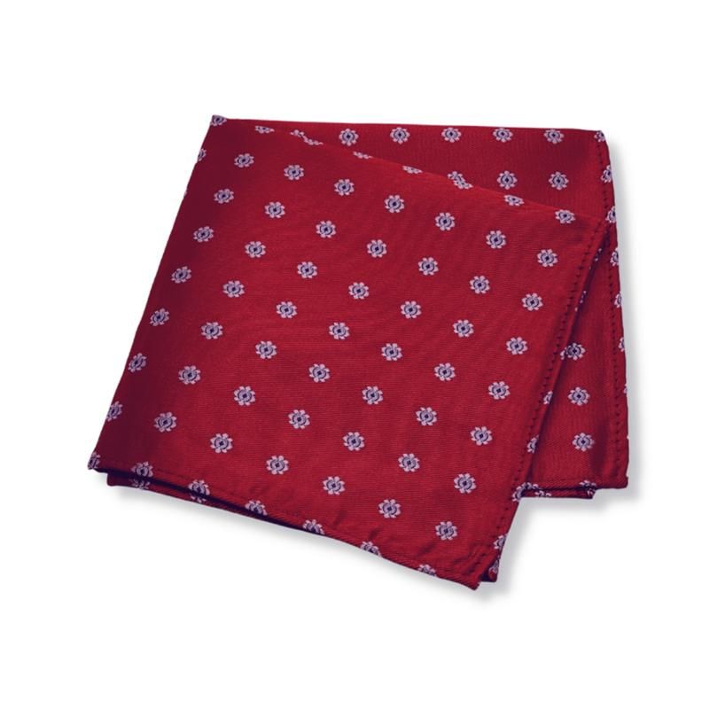 RED SILVER SMALL FLOWER TIE AND POCKET SQUARE