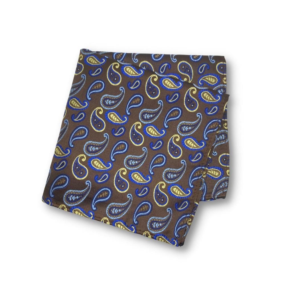 BROWN GOLD BLUE PAISLEY TIE AND POCKET SQUARE