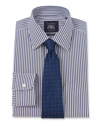 NON-IRON NAVY WHITE BENGAL STRIPE CLASSIC FIT SHIRT- DOUBLE CUFF