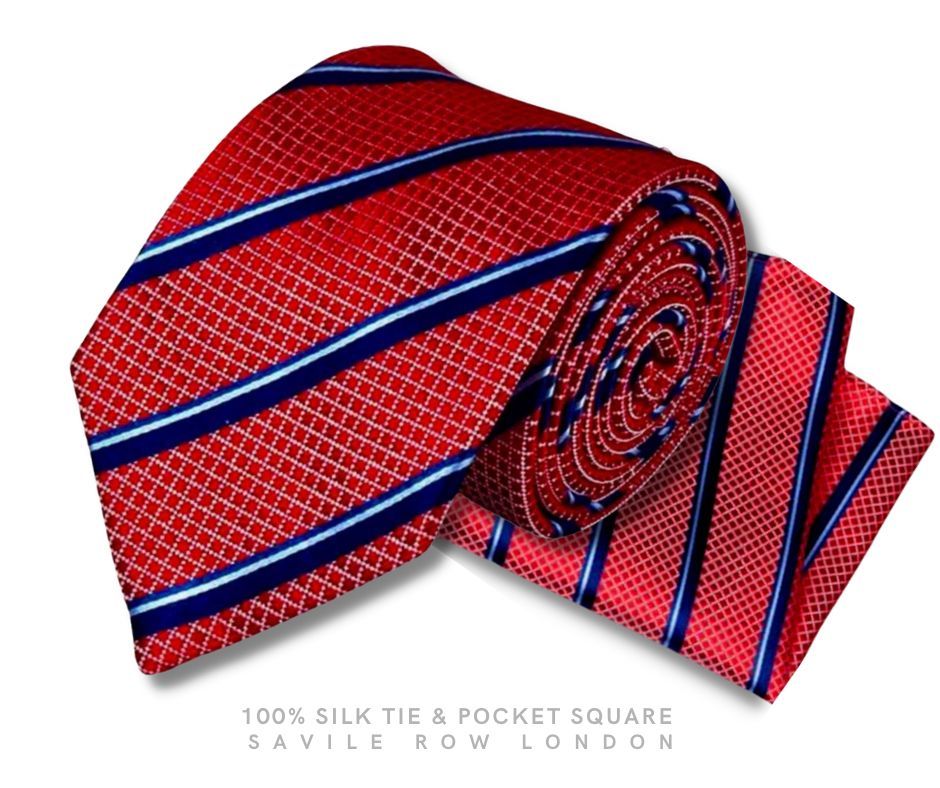 RED NAVY REGIMENTAL STRIPE SILK TIE & POCKET SQUARE – Savile Row ...