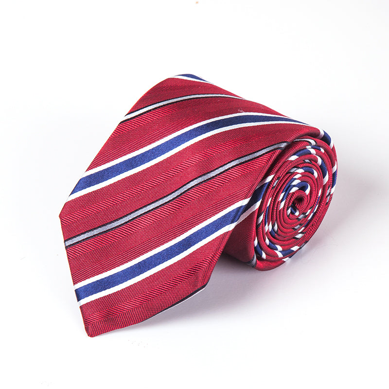 DARK RED NAVY REGIMENTAL STRIPE SILK TIE AND POCKET SQUARE