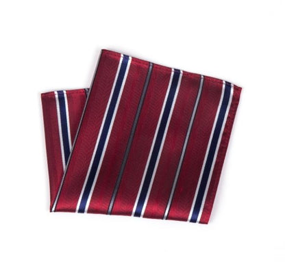 DARK RED NAVY REGIMENTAL STRIPE SILK TIE AND POCKET SQUARE